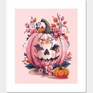 Pink Pumpkin face, with floral and orange flowers, cute Halloween Posters and Art